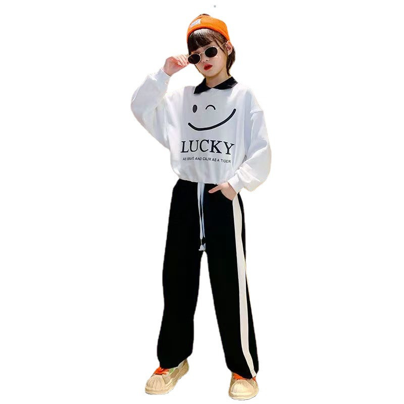 Ανοιξιάτικο φθινόπωρο για κορίτσια, βαμβακερό λευκό φούτερ + ριγέ, χαλαρό σετ φούτερ με κορδόνι, παιδική φόρμα Παιδική στολή 5-16 ετών