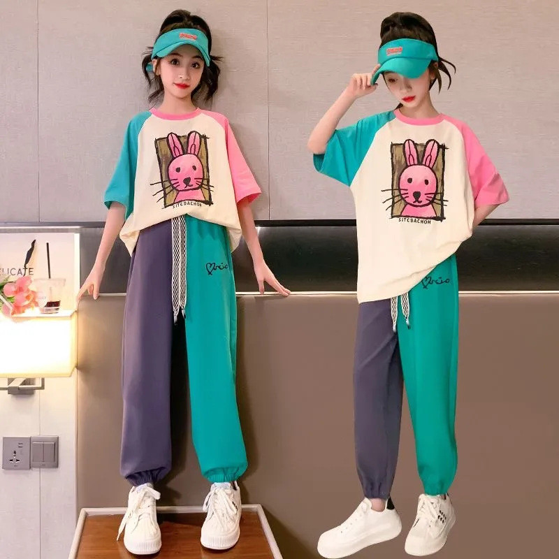 Καλοκαιρινό μπλουζάκι από βαμβακερό κοντράστ για καρτούν Μπλουζάκια + Χαλαρό Σετ παντελόνι με κορδόνια Σχολική Παιδική φόρμα Παιδική 2 τεμ. Στολή 5-16 ετών