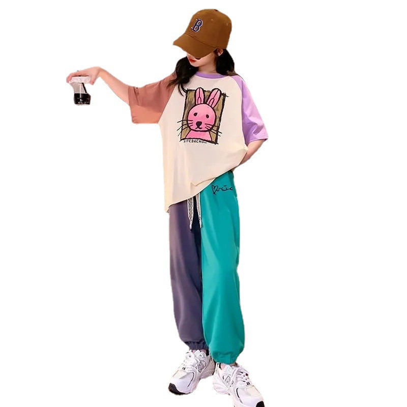 Καλοκαιρινό μπλουζάκι από βαμβακερό κοντράστ για καρτούν Μπλουζάκια + Χαλαρό Σετ παντελόνι με κορδόνια Σχολική Παιδική φόρμα Παιδική 2 τεμ. Στολή 5-16 ετών