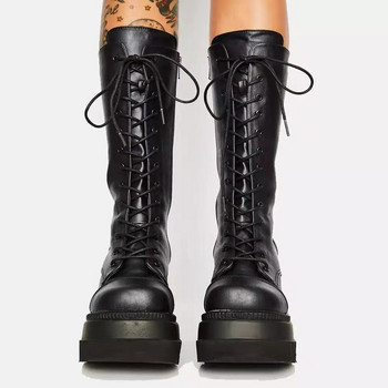 Дамски ботуши на платформа в стил пънк Дамски ботуши с еластичен микрофибър и едър ток до средата на прасеца Есенни зимни маркови черни дамски обувки на танкетка