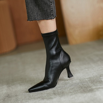 Femei Ascuțit Maro Piele Moale Cizme Maro Elastice Famele Toc Stiletto Pantofi Damă Cizme cu fermoar în spate Cizme de navetă