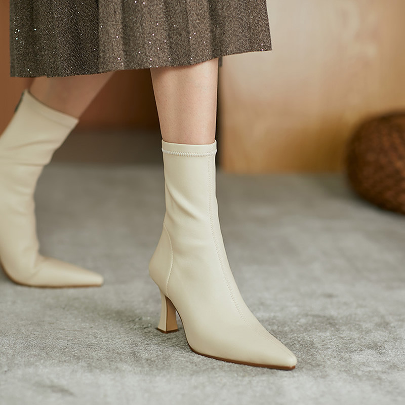 Femei Ascuțit Maro Piele Moale Cizme Maro Elastice Famele Toc Stiletto Pantofi Damă Cizme cu fermoar în spate Cizme de navetă