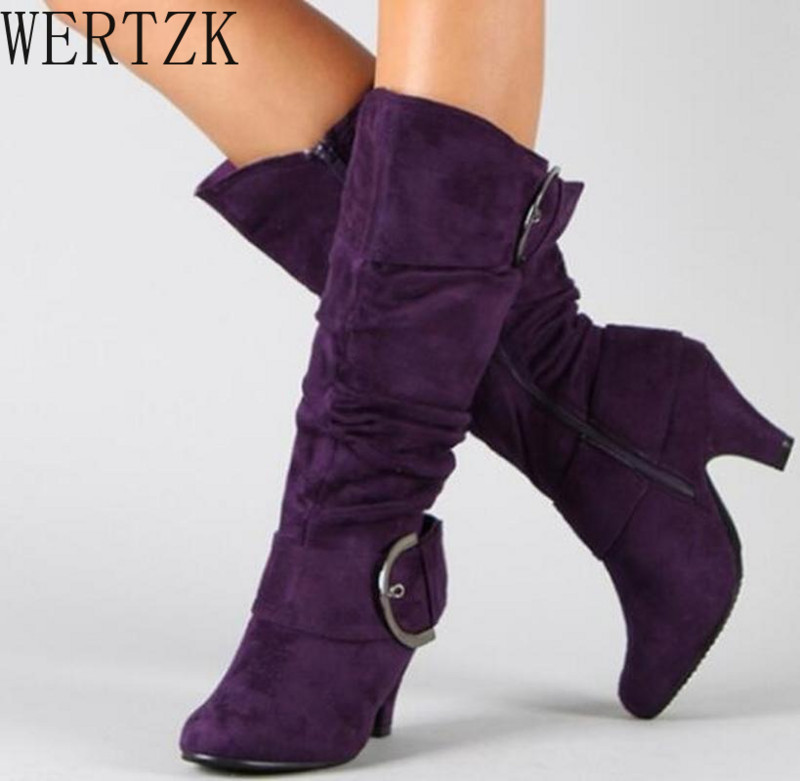 Μεγάλο μέγεθος 43 2021 Γυναικείες μπότες ψηλά στο γόνατο Φθινοπωρινό faux σουέτ αγκράφα Μόδα γόβες γόβες γυναικεία παπούτσια χειμώνα Zapatos De Mujer