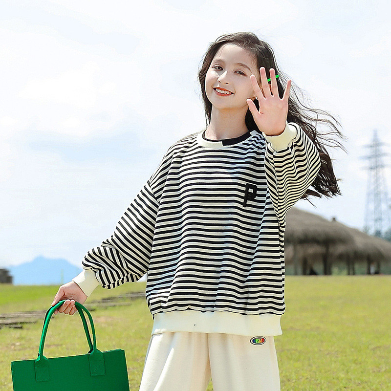 Ανοιξιάτικο φθινόπωρο για παιδιά στο σχολείο με χαλαρή αντίθεση ριγέ αλφάβητο φούτερ για κορίτσια πουλόβερ πουλόβερ για παιδιά φόρμες φόρμες 5-16 ετών