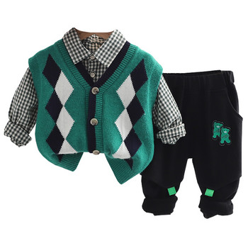 Детски комплект дрехи за момчета Есен 2022 г. Бебешка плетена жилетка Раирана риза Панталони 3 бр. Костюм Детски дрехи Бебешки анцуг