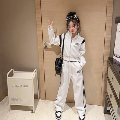 Kevad-sügis tüdrukute kontrastne triibuline täistõmblukuga dressipluus jakk + nööriga dressipüksid, koolilapsed, dressid, 5–16 a.