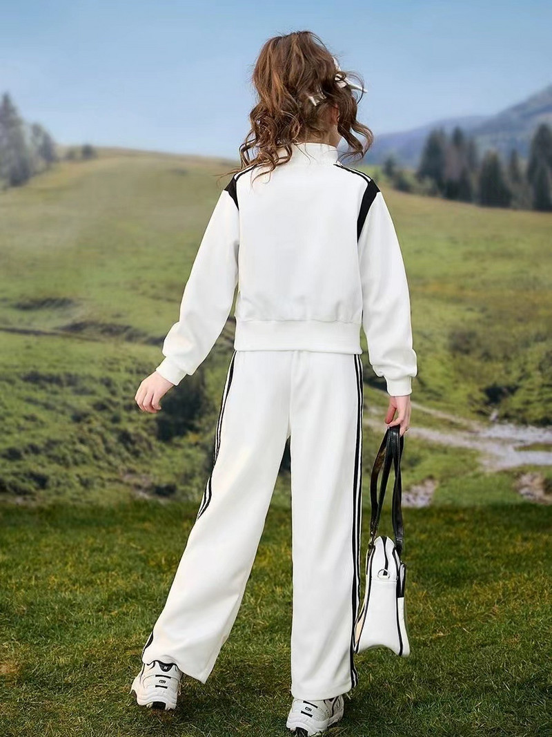 Kevad-sügis tüdrukute kontrastne triibuline täistõmblukuga dressipluus jakk + nööriga dressipüksid, koolilapsed, dressid, 5–16 a.