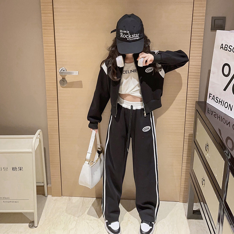 Kevad-sügis tüdrukute kontrastne triibuline täistõmblukuga dressipluus jakk + nööriga dressipüksid, koolilapsed, dressid, 5–16 a.