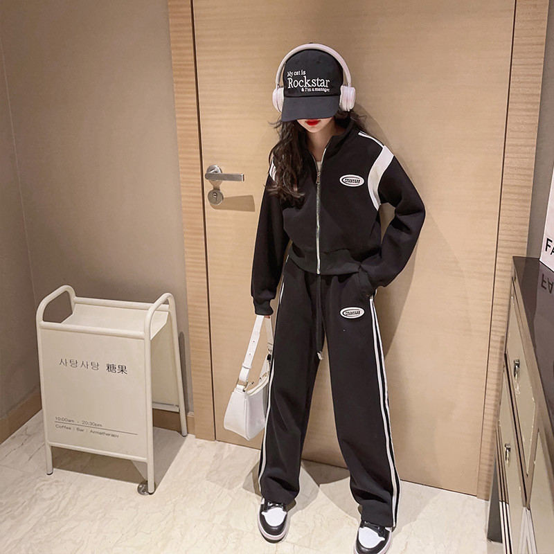 Kevad-sügis tüdrukute kontrastne triibuline täistõmblukuga dressipluus jakk + nööriga dressipüksid, koolilapsed, dressid, 5–16 a.