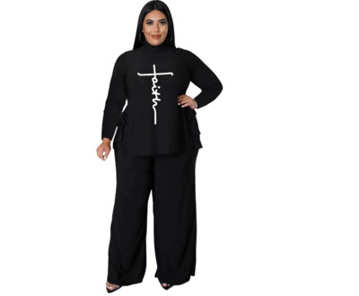 2022 Popular Trendy Faith Printed 2 Piece Fall Fall Casual Neck Crew Loose Plus Size Γυναικεία ρούχα Χονδρική Dropshipping