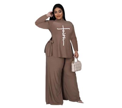 2022 Popular Trendy Faith Printed 2 Piece Fall Fall Casual Neck Crew Loose Plus Size Γυναικεία ρούχα Χονδρική Dropshipping