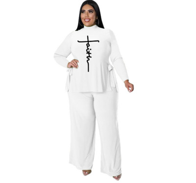 2022 Popular Trendy Faith Printed 2 Piece Fall Fall Casual Neck Crew Loose Plus Size Γυναικεία ρούχα Χονδρική Dropshipping