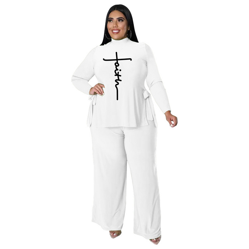 2022 Popular Trendy Faith Printed 2 Piece Fall Fall Casual Neck Crew Loose Plus Size Γυναικεία ρούχα Χονδρική Dropshipping