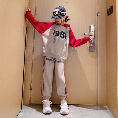 Proljeće Jesen Djevojačka trenirka s kapuljačom u kontrastu + trenirka s uzicom Školska dječja trenirka Dječja odjeća za trčanje 5-16 godina