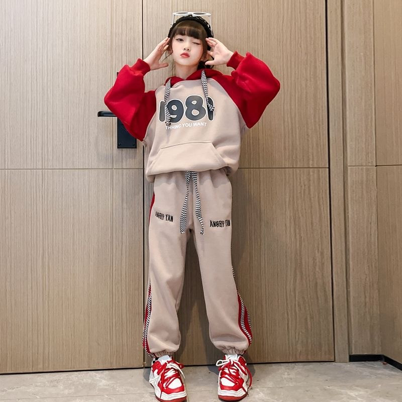 Proljeće Jesen Djevojačka trenirka s kapuljačom u kontrastu + trenirka s uzicom Školska dječja trenirka Dječja odjeća za trčanje 5-16 godina