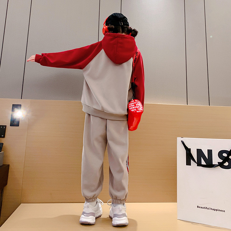 Proljeće Jesen Djevojačka trenirka s kapuljačom u kontrastu + trenirka s uzicom Školska dječja trenirka Dječja odjeća za trčanje 5-16 godina