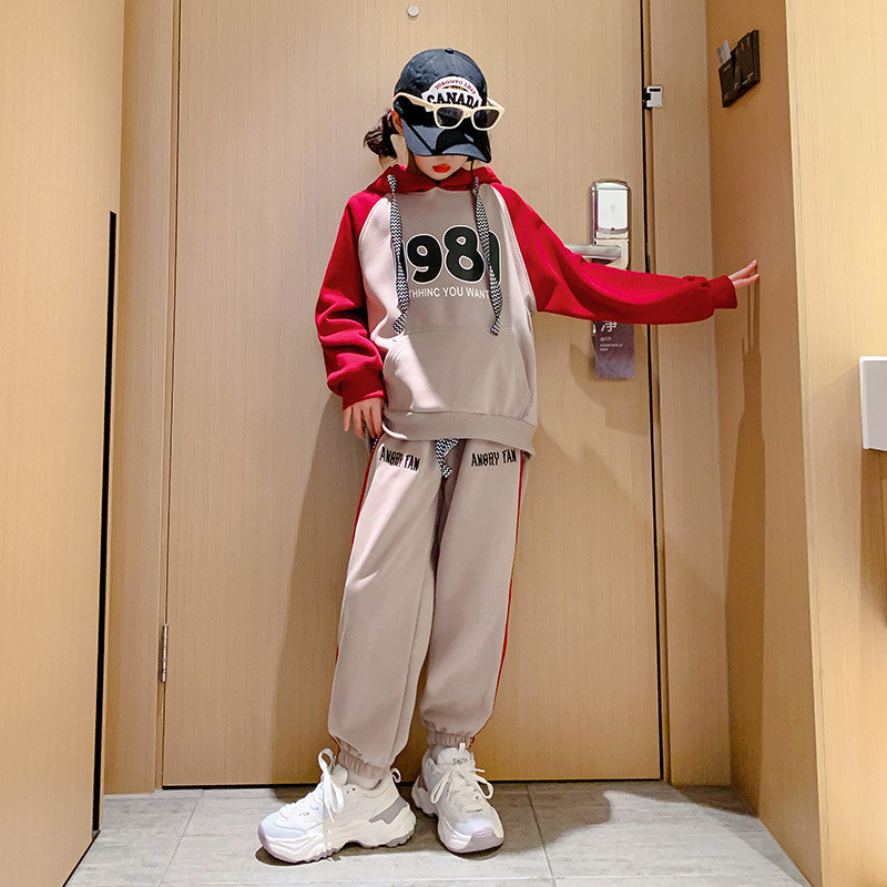 Proljeće Jesen Djevojačka trenirka s kapuljačom u kontrastu + trenirka s uzicom Školska dječja trenirka Dječja odjeća za trčanje 5-16 godina