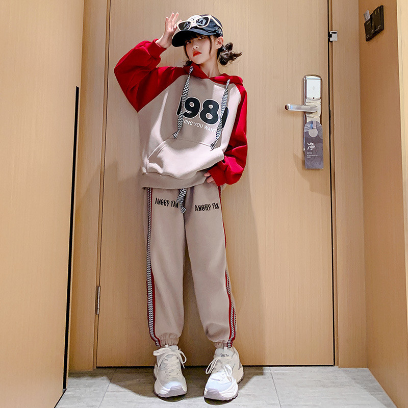 Proljeće Jesen Djevojačka trenirka s kapuljačom u kontrastu + trenirka s uzicom Školska dječja trenirka Dječja odjeća za trčanje 5-16 godina