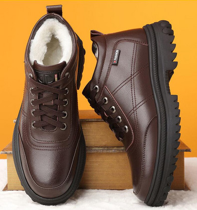 Χειμερινές υπαίθριες ζεστές και άνετες ανδρικές γυμνές μπότες Δερμάτινες μπότες με κορδόνια ψηλά μποτάκια χιονιού Ανδρικά παπούτσια από βαμβάκι με μαλακό κάτω μέρος