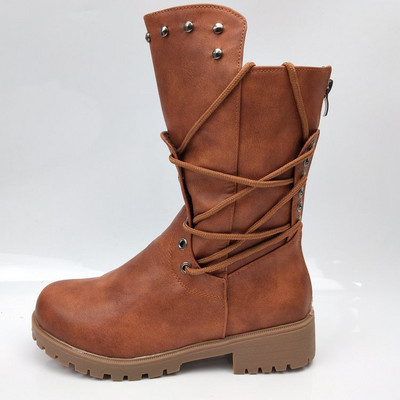 Γυναικείες μπότες στη μέση της γάμπας Μόδα Rivet Μπότες Knight Βρετανικού στυλ Φθινοπωρινά χειμερινά γυναικεία παπούτσια Cross Lace Morden Booties Botas Mujer