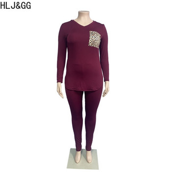 HLJ&GG Плюс размер Дамско облекло XL-5XL Ежедневни леопардови щампи Топ с дълъг ръкав с V деколте + тесни панталони Комплекти от две части Облекла 2023