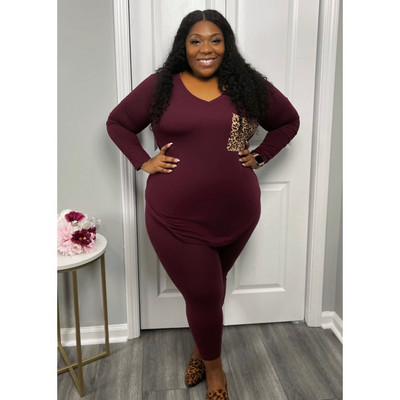 HLJ&GG Plus Size Γυναικεία Ρούχα XL-5XL Casual Leopard Printing V λαιμόκοψη μακρυμάνικο μπλουζάκι + στενό παντελόνι σε δύο τεμάχια ρούχα 2023