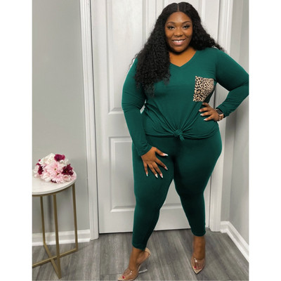 HLJ&GG Plus Size Γυναικεία Ρούχα XL-5XL Casual Leopard Printing V λαιμόκοψη μακρυμάνικο μπλουζάκι + στενό παντελόνι σε δύο τεμάχια ρούχα 2023