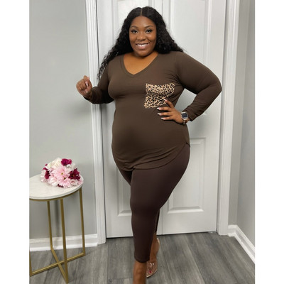 HLJ&GG Plus Size Γυναικεία Ρούχα XL-5XL Casual Leopard Printing V λαιμόκοψη μακρυμάνικο μπλουζάκι + στενό παντελόνι σε δύο τεμάχια ρούχα 2023