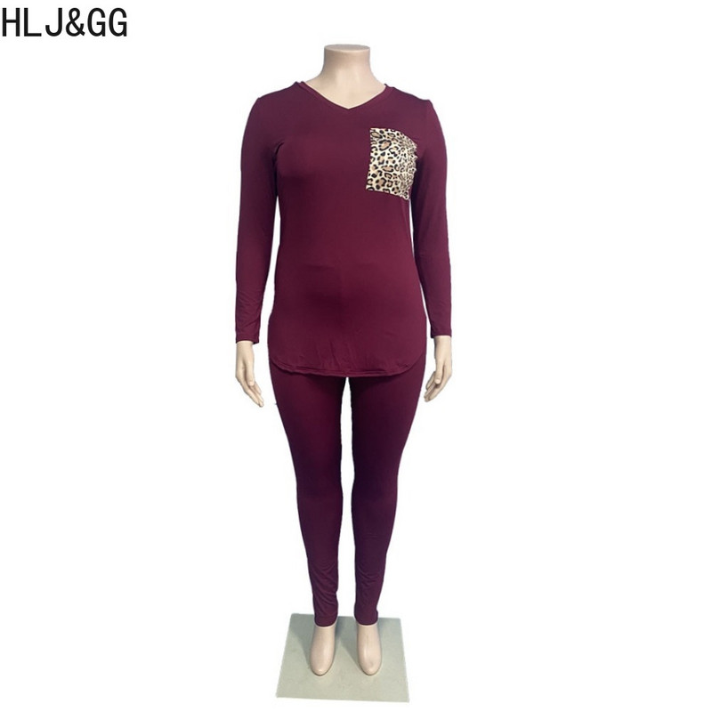HLJ&GG Plus Size Γυναικεία Ρούχα XL-5XL Casual Leopard Printing V λαιμόκοψη μακρυμάνικο μπλουζάκι + στενό παντελόνι σε δύο τεμάχια ρούχα 2023