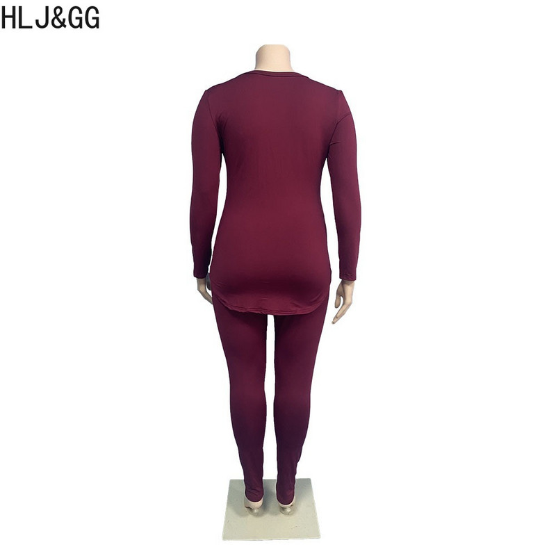 HLJ&GG Plus Size Γυναικεία Ρούχα XL-5XL Casual Leopard Printing V λαιμόκοψη μακρυμάνικο μπλουζάκι + στενό παντελόνι σε δύο τεμάχια ρούχα 2023