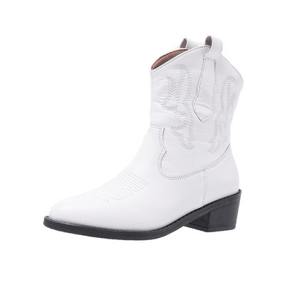 2023 PU Κεντημένες μπότες Γυναικείες μύτες τετράγωνες φτέρνες Φθινοπωρινές χειμερινές μακριές μπότες Δερμάτινες χειροποίητες μπότες στη μέση της γάμπας WESTERN 36-43