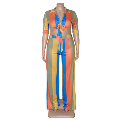 Σετ σε μεγάλο μέγεθος Γυναικείο πουκάμισο με ριγέ στάμπα με V λαιμόκοψη Παντελόνι με φαρδύ πόδι σετ γραφείου Γυναικεία ανοιξιάτικη φθινοπωρινή φόρμα μετακινήσεων