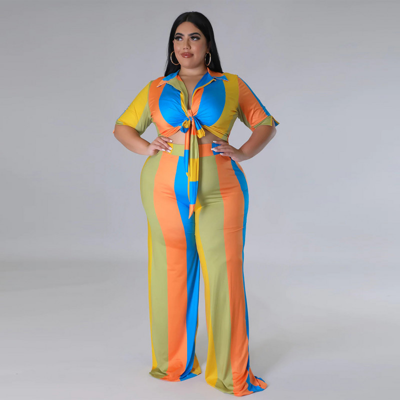 Σετ σε μεγάλο μέγεθος Γυναικείο πουκάμισο με ριγέ στάμπα με V λαιμόκοψη Παντελόνι με φαρδύ πόδι σετ γραφείου Γυναικεία ανοιξιάτικη φθινοπωρινή φόρμα μετακινήσεων