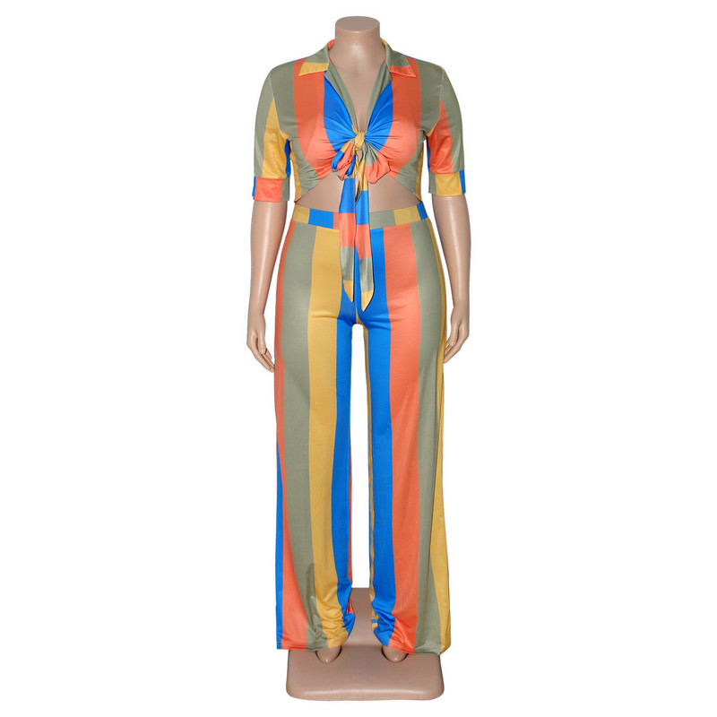 Σετ σε μεγάλο μέγεθος Γυναικείο πουκάμισο με ριγέ στάμπα με V λαιμόκοψη Παντελόνι με φαρδύ πόδι σετ γραφείου Γυναικεία ανοιξιάτικη φθινοπωρινή φόρμα μετακινήσεων