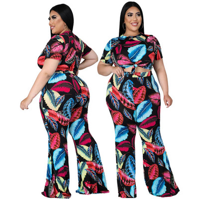 SOMO Plus Size Sexy Fashion Printing σετ δύο τεμαχίων Γυναικεία κοντομάνικη μπλούζα Παντελόνι φαρδύ πόδι Κοστούμι Κοστούμια Χονδρική Dropshipping