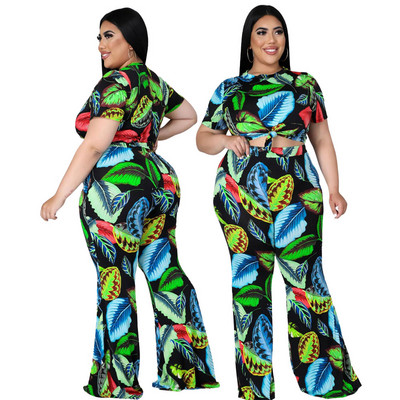 SOMO Plus Size Sexy Fashion Printing σετ δύο τεμαχίων Γυναικεία κοντομάνικη μπλούζα Παντελόνι φαρδύ πόδι Κοστούμι Κοστούμια Χονδρική Dropshipping