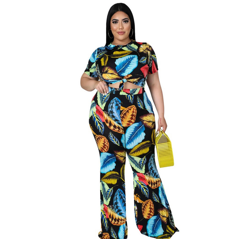 SOMO Plus Size Sexy Fashion Printing σετ δύο τεμαχίων Γυναικεία κοντομάνικη μπλούζα Παντελόνι φαρδύ πόδι Κοστούμι Κοστούμια Χονδρική Dropshipping