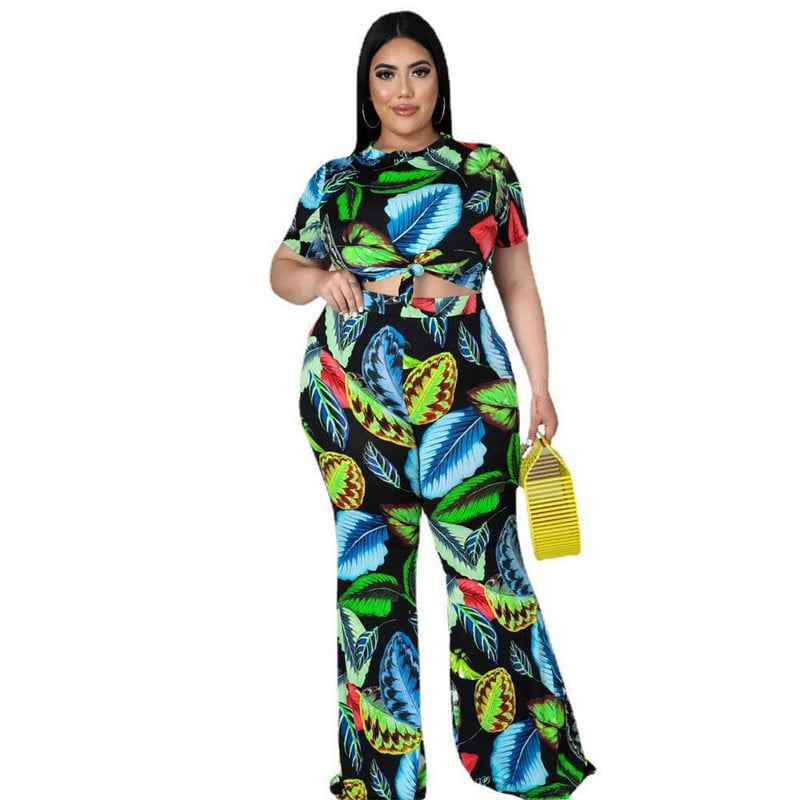 SOMO Plus Size Sexy Fashion Printing σετ δύο τεμαχίων Γυναικεία κοντομάνικη μπλούζα Παντελόνι φαρδύ πόδι Κοστούμι Κοστούμια Χονδρική Dropshipping