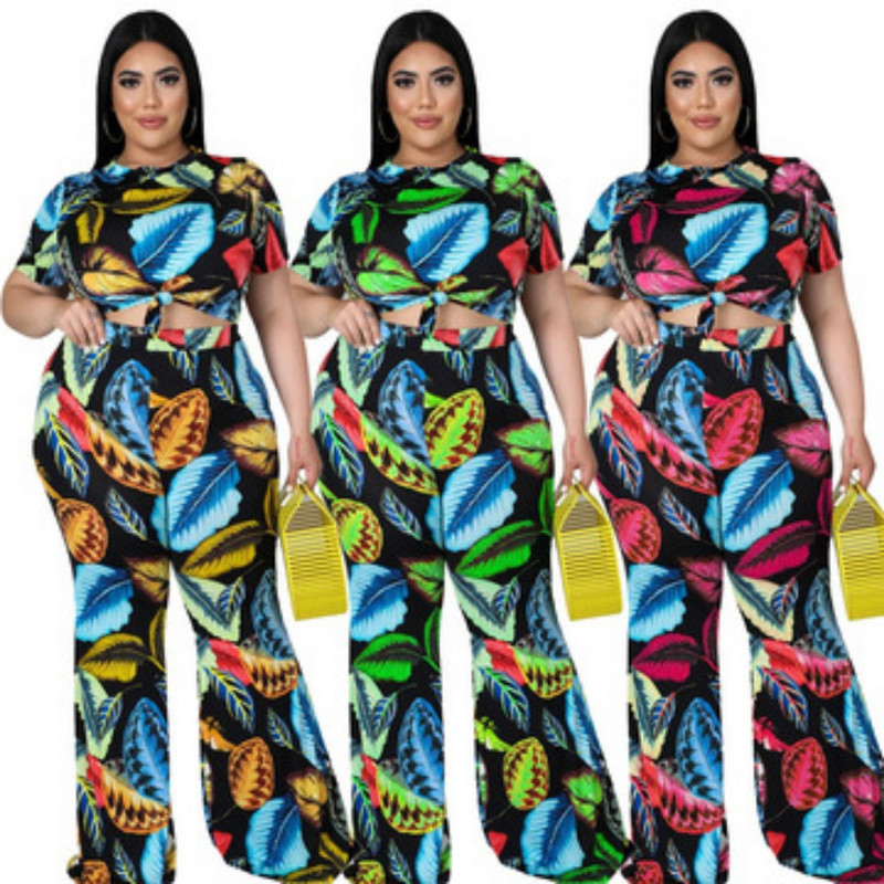 SOMO Plus Size Sexy Fashion Printing σετ δύο τεμαχίων Γυναικεία κοντομάνικη μπλούζα Παντελόνι φαρδύ πόδι Κοστούμι Κοστούμια Χονδρική Dropshipping