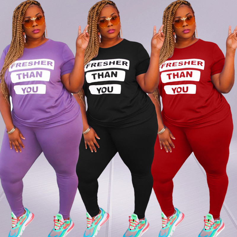 Plus Size 5xl Σετ δύο τεμαχίων Γυναικεία Χονδρική Νέα Σετ παντελονιών Crop Top και κολάν ελαστικό γράμμα μέσης εκτύπωσης Stretch Dropshipping