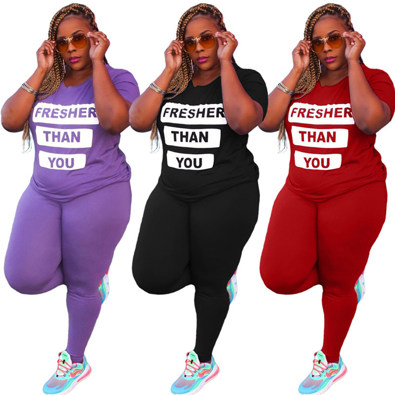 Plus Size 5xl Σετ δύο τεμαχίων Γυναικεία Χονδρική Νέα Σετ παντελονιών Crop Top και κολάν ελαστικό γράμμα μέσης εκτύπωσης Stretch Dropshipping