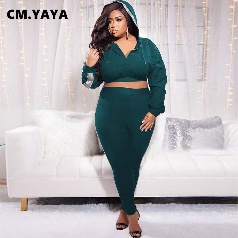 CM.YAYA Elegant Plus Size Paiete SideSet Femei Hanorac cu glugă Top și Pantaloni Jogger Trening Set Două 2 Piese Ținute