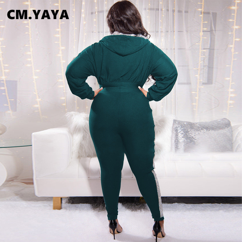 CM.YAYA Elegant Plus Size Paiete SideSet Femei Hanorac cu glugă Top și Pantaloni Jogger Trening Set Două 2 Piese Ținute