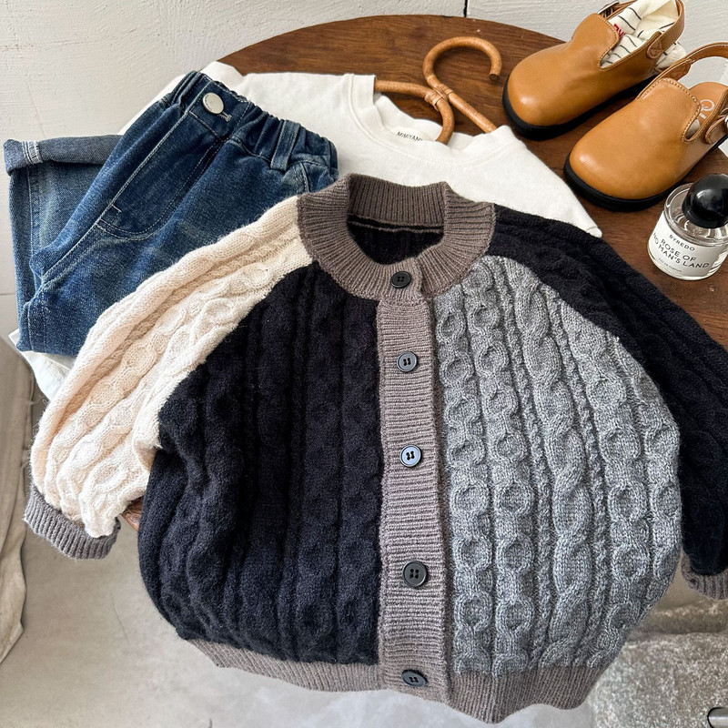 Laste kampsun Keerutab Kudumine Sügis Uus toode Poistele ja tüdrukutele Splicing Villane mantel Baby Color Contrast Knitting Cardigan