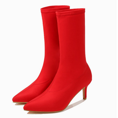 Candy Color Stretch Fabric Slip On Boots Γυναικείες μυτερές φθινοπωρινές χειμερινές αντλίες Botas Γυναικείες γόβες πάρτι Μέγεθος 35-42 WSH4200