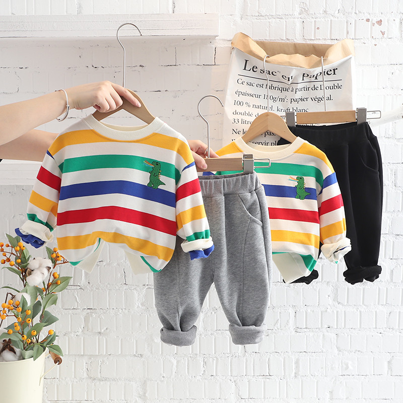 Seturi de îmbrăcăminte pentru fete, băieți, fete, toamnă 2022, haine de dinozaur din desene animate pentru copii, ținute pentru sugari, tricou cu dungi, pantaloni, îmbrăcăminte sport pentru copii