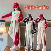 Kevad-sügis tüdrukute puuvillane kontrastse tähestikuga dressipluus + nööriga dressipüksid, koolilapsed, dressid, sörkimisriietus 3–16 a.