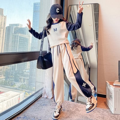 Kevad-sügis tüdrukute puuvillane kontrastse tähestikuga dressipluus + nööriga dressipüksid, koolilapsed, dressid, sörkimisriietus 3–16 a.