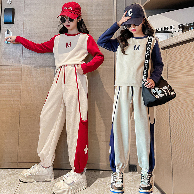 Kevad-sügis tüdrukute puuvillane kontrastse tähestikuga dressipluus + nööriga dressipüksid, koolilapsed, dressid, sörkimisriietus 3–16 a.