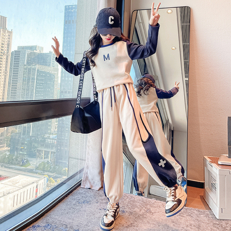 Kevad-sügis tüdrukute puuvillane kontrastse tähestikuga dressipluus + nööriga dressipüksid, koolilapsed, dressid, sörkimisriietus 3–16 a.